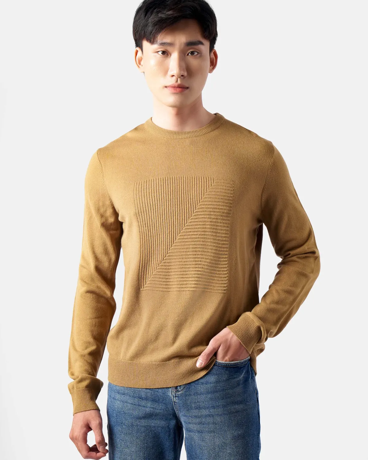 Áo dệt kim nam dài tay cổ tròn form fitted - 1