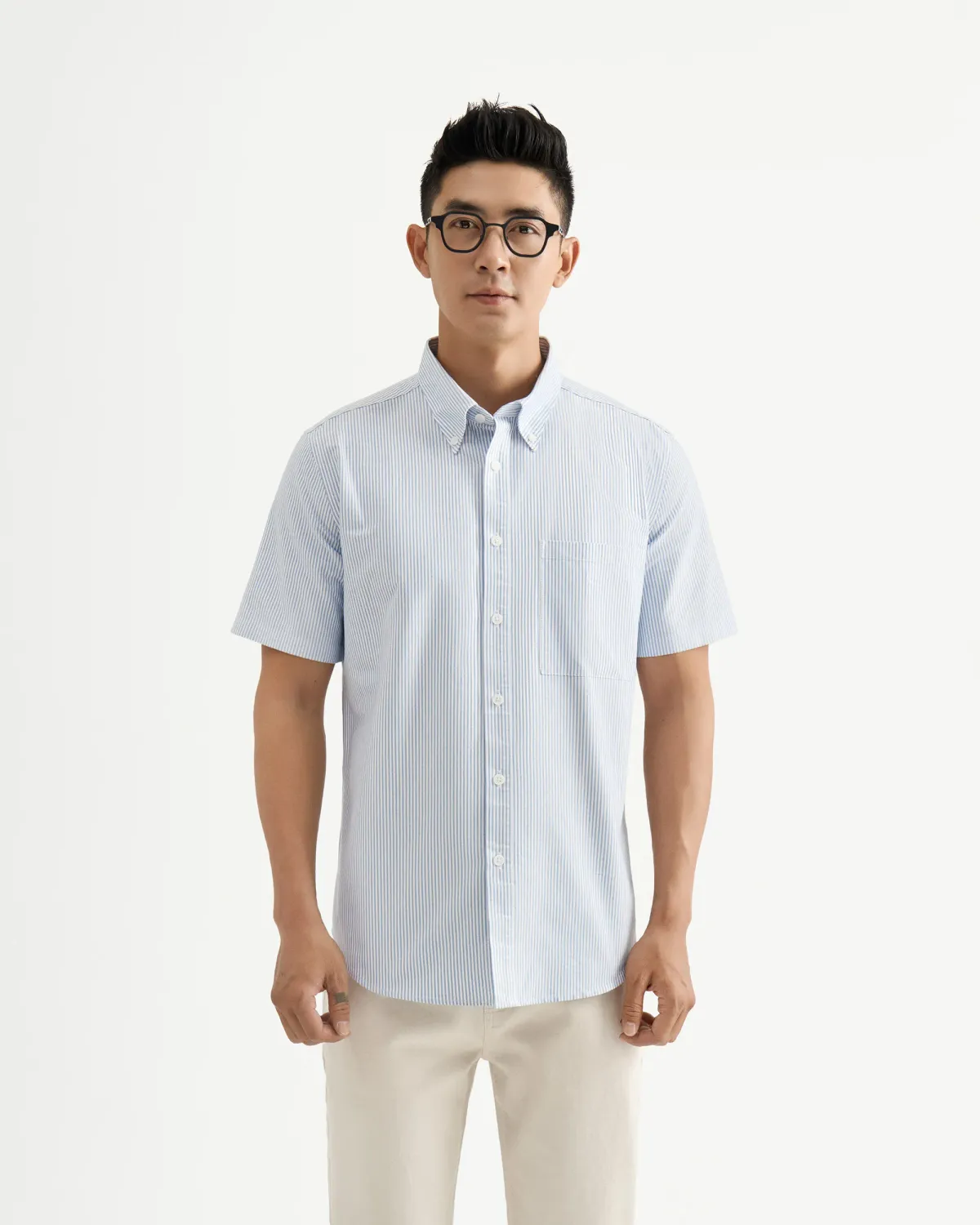Áo Sơ Mi Nam Smart shirt Tay Ngắn Sọc Xanh. Fitted - 1