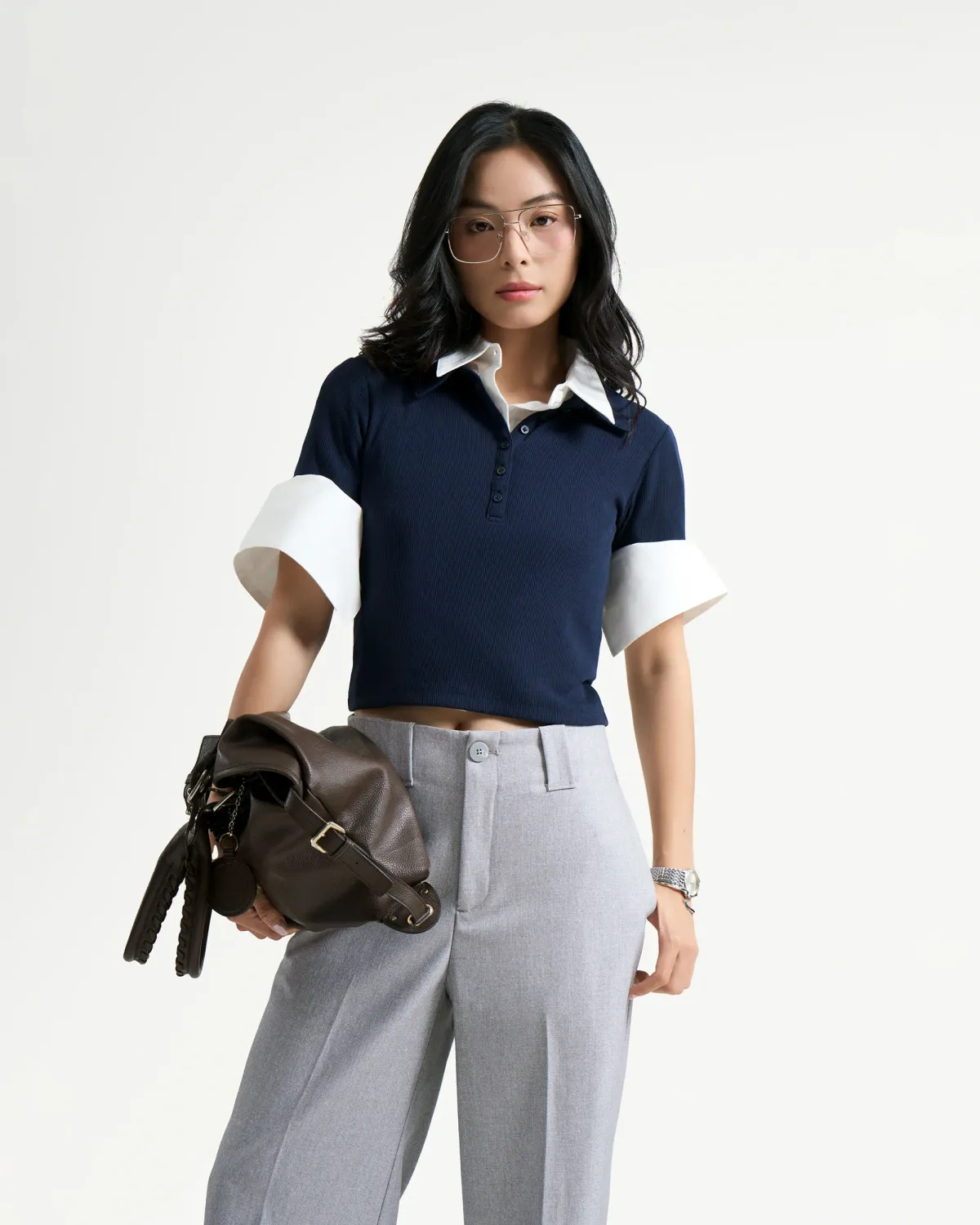 Áo polo tay ngắn nữ trơn form fitted - 1