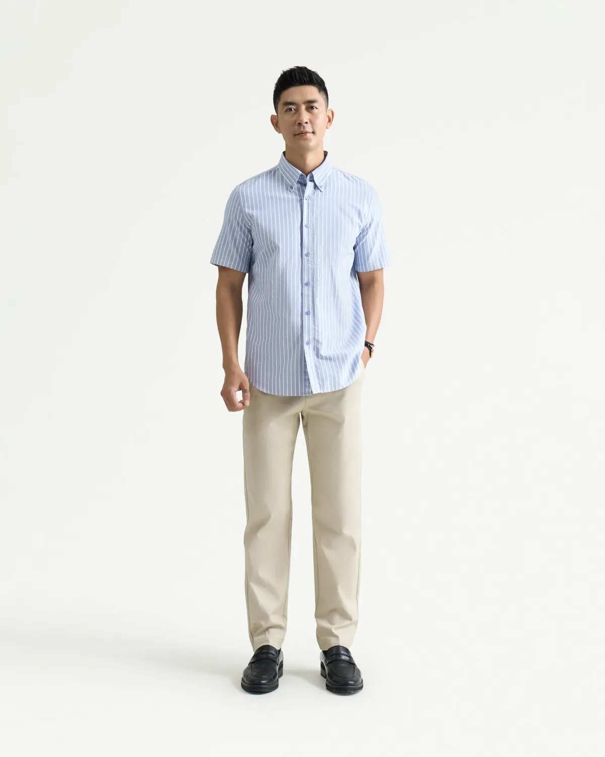 Áo sơ mi nam tay ngắn kẻ sọc cotton fitted - 2