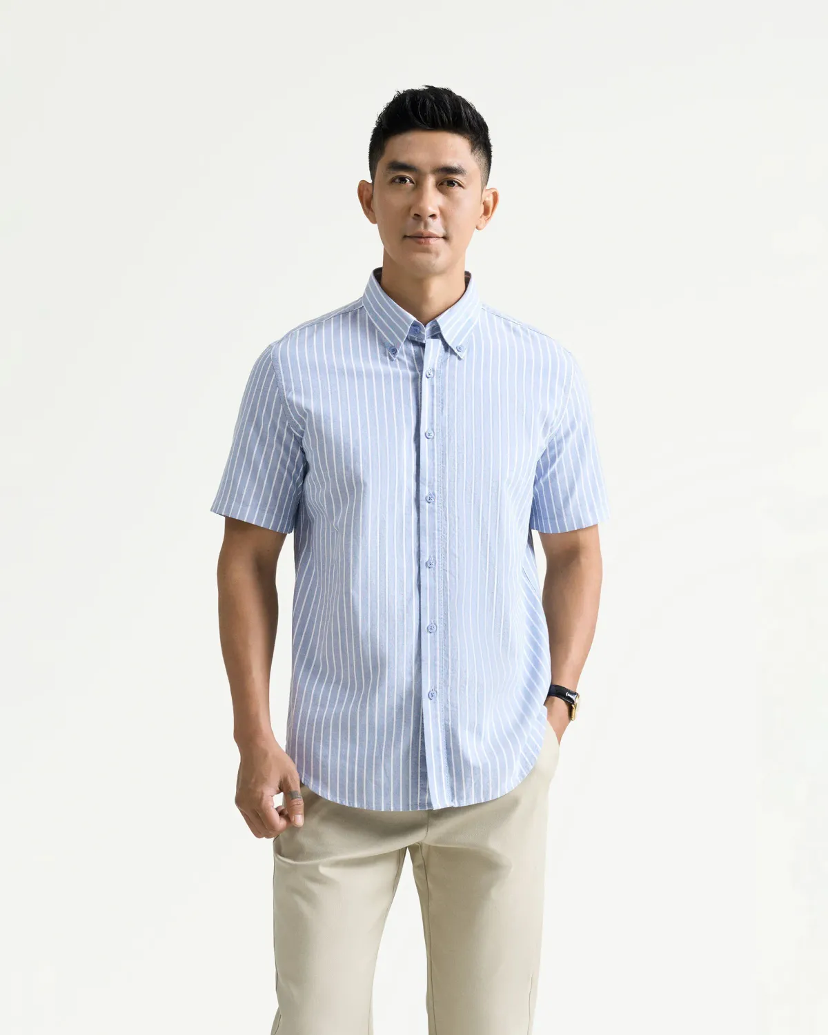 Áo sơ mi nam tay ngắn kẻ sọc cotton fitted - 1