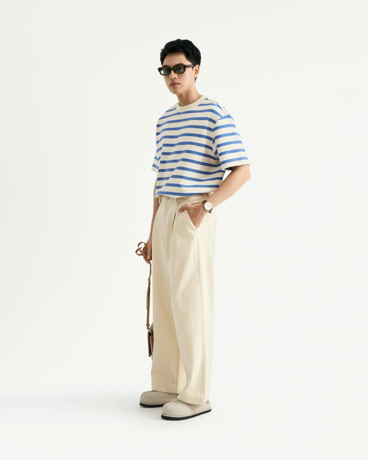 Áo thun nam tay ngắn sọc ngang lớn jacquard loose - 2