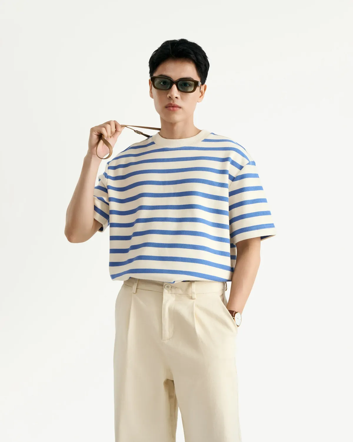 Áo thun nam tay ngắn sọc ngang lớn jacquard loose - 1