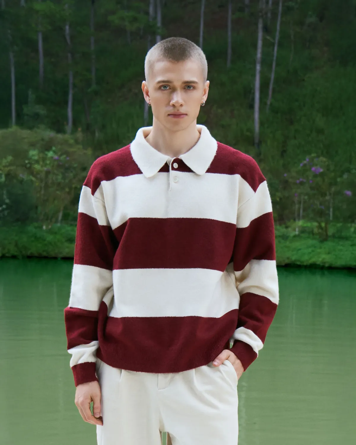 Áo Polo Dệt Kim Nam Tay Dài Kẻ Sọc Form Loose - 2