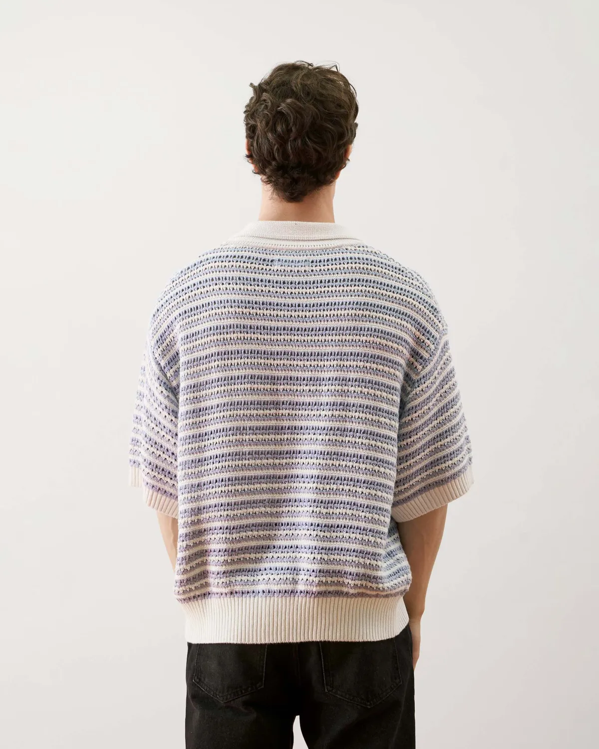 Áo Dệt Kim Nam Tay Ngắn Kẻ Sọc Có Cổ Form Loose - 2