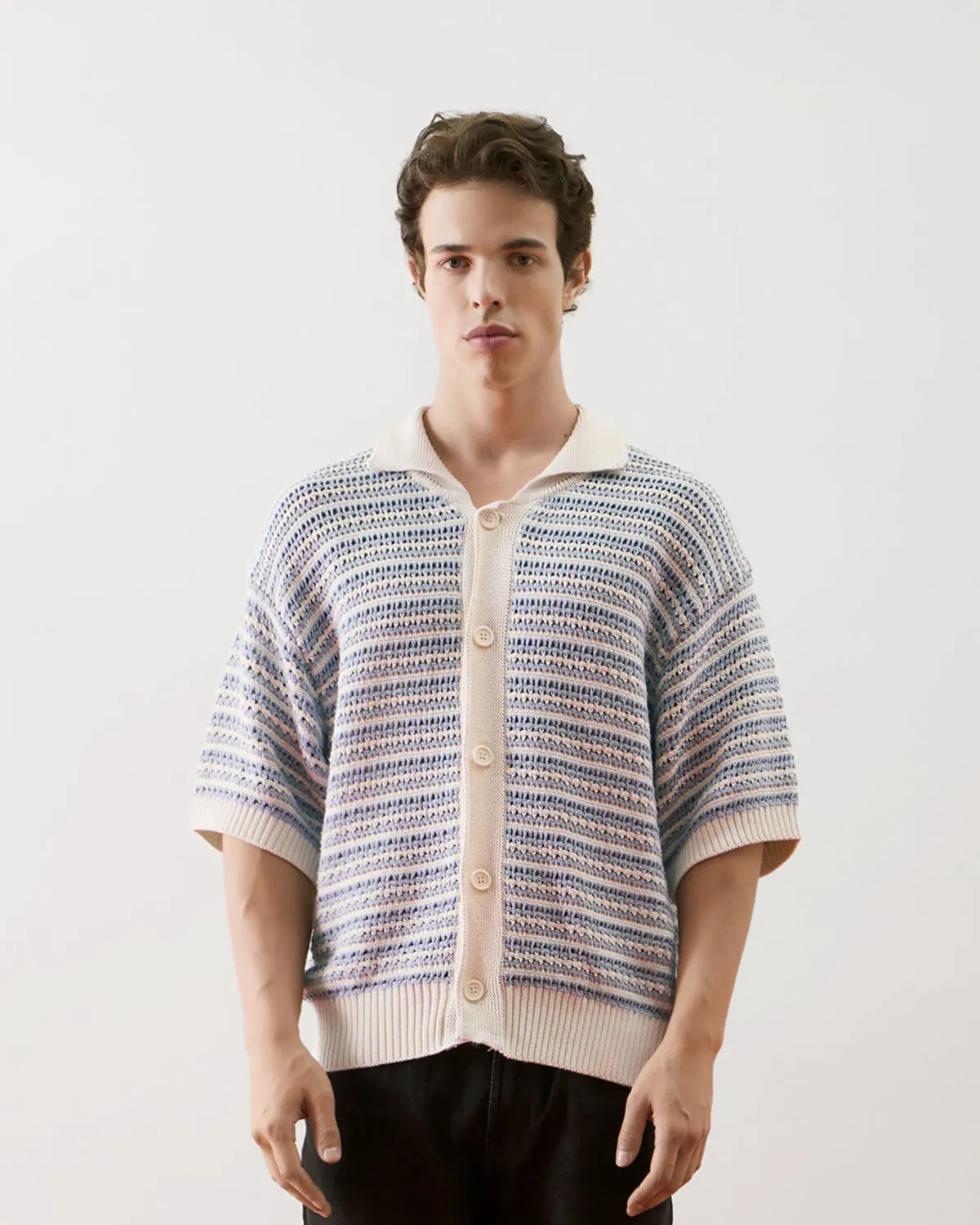 Áo Dệt Kim Nam Tay Ngắn Kẻ Sọc Có Cổ Form Loose - 1