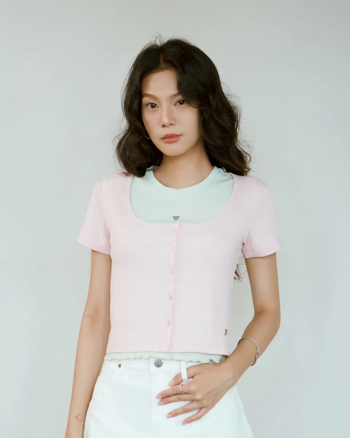 Áo thun Slimme cổ vuông phối cúc .Fitted - 1