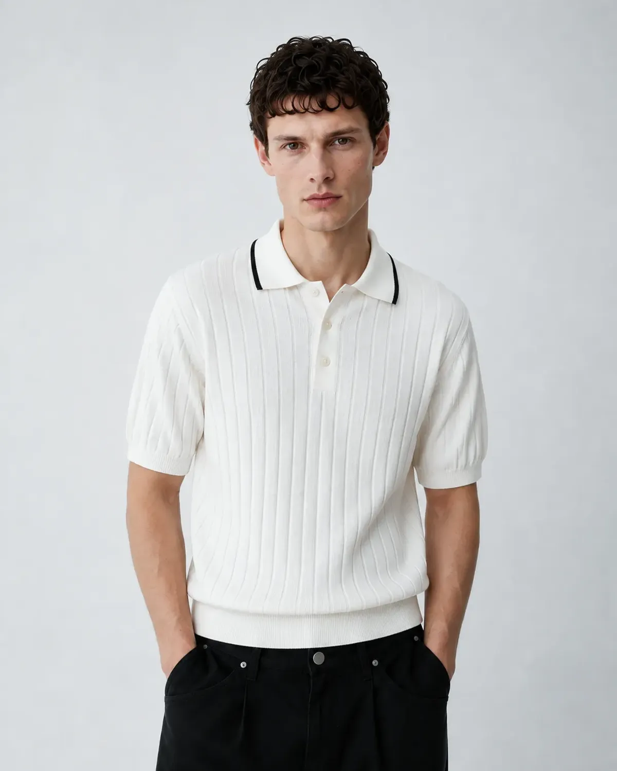 Áo polo dệt kim tay ngắn nam phối cổ. Fitted - 1