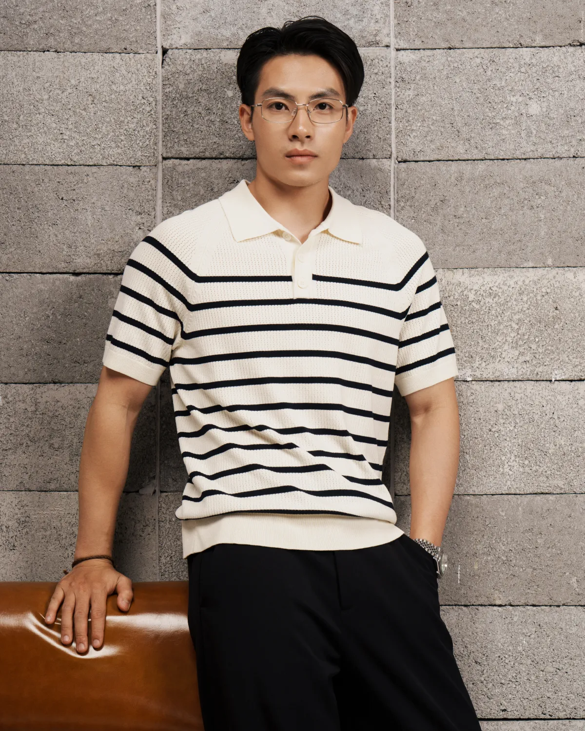 Áo Polo Dệt Kim Nam Tay Ngắn Kẻ Sọc Navy/White - 1