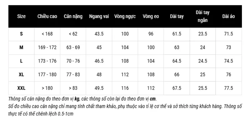 bảng size áo sơ mi nam routine