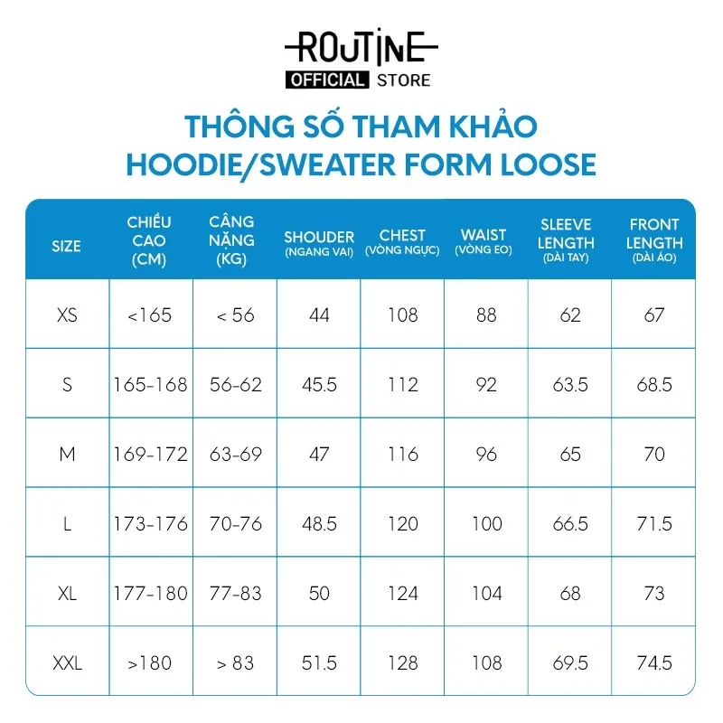 bảng size áo nỉ form loose