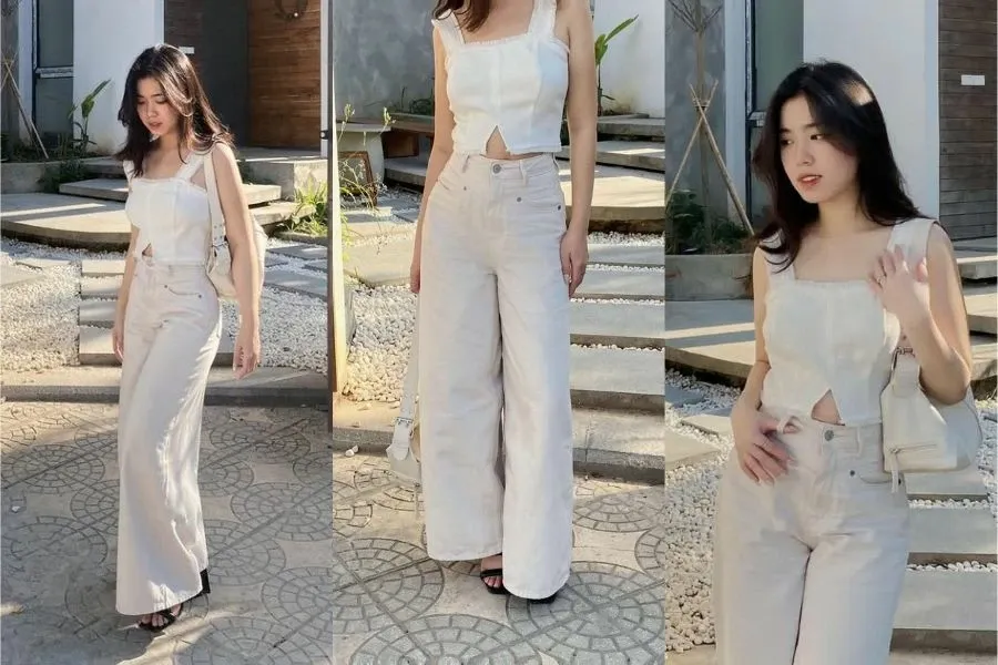 Quần jean nữ ống rộng mix cùng áo croptop đầy cá tính, trẻ trung.