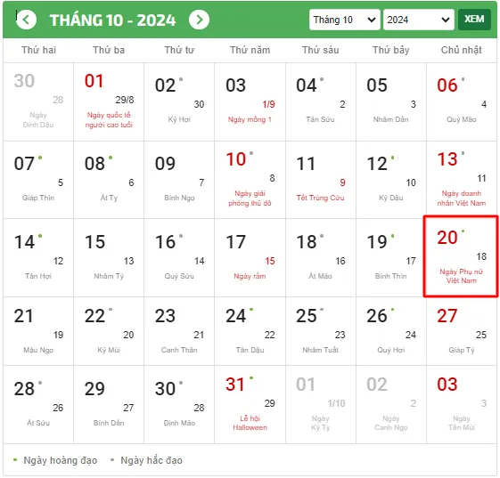 Ngày 20/10 năm nay rơi vào thứ mấy?