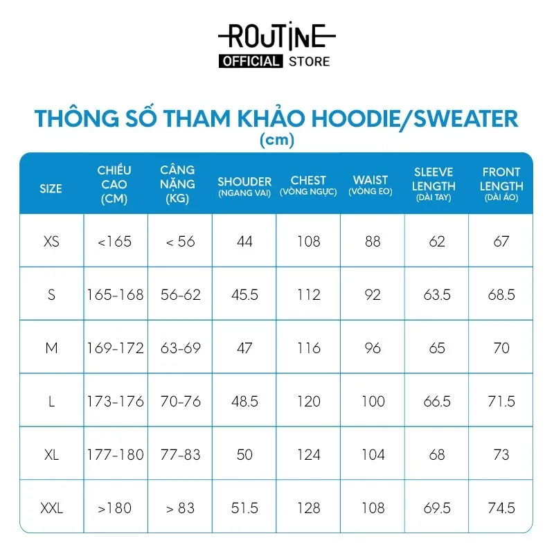 bảng size áo nỉ hoodie, sweater