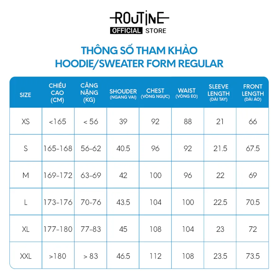 bảng size áo nỉ form regular