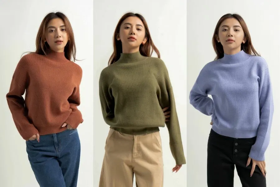 Áo dệt kim tay dài cổ cao mang một vẻ đẹp thanh lịch của các quý cô.