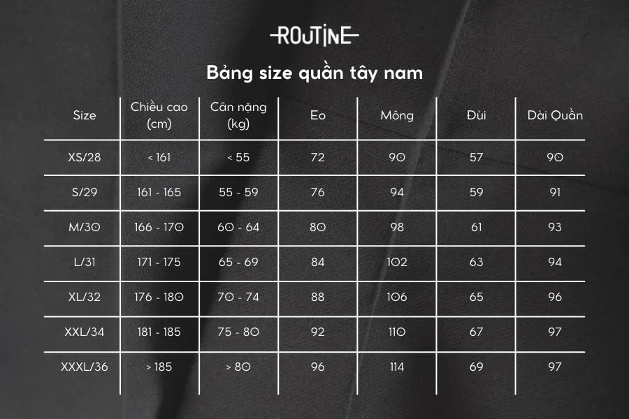 Bảng size quần tây nam tham khảo từ thương hiệu Routine