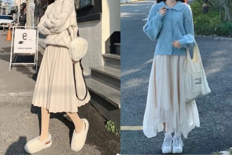 Set áo len với đầm xòe nữ tính