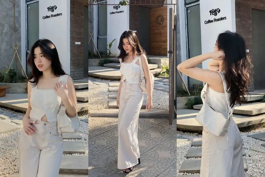 Nàng trong outfit tông màu trắng mang phong cách đầy cá tính, quyến rũ.
