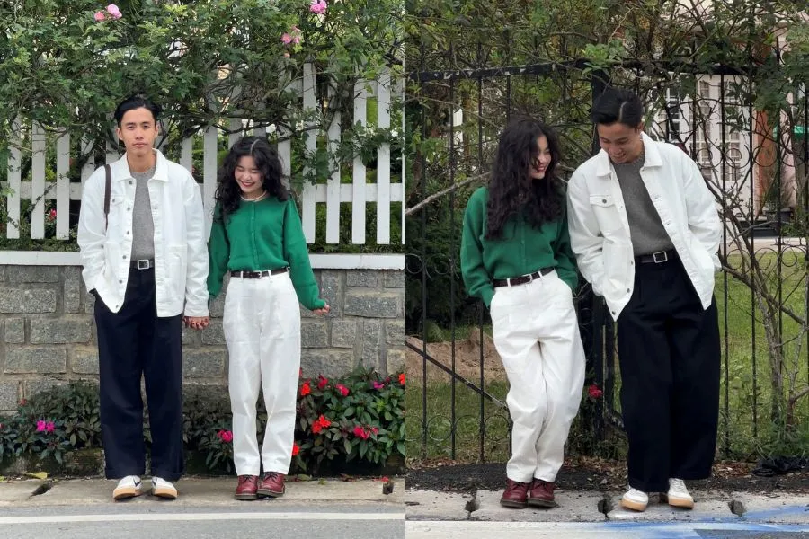 Cách phối đồ đôi đối xứng giữa chiếc áo jacket nam trắng và quần kaki nữ trắng mang đến vẻ đẹp ấn tượng, sành điệu.