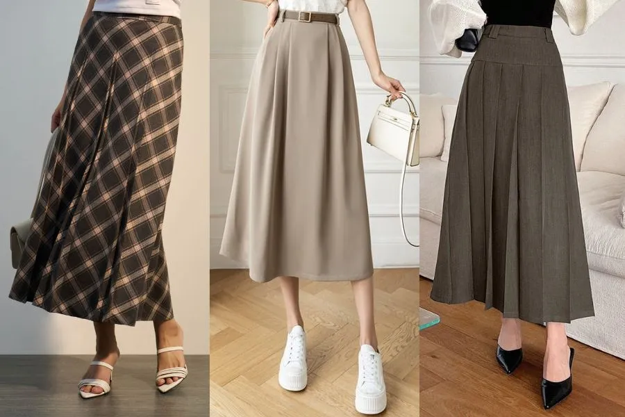 chân váy midi xếp ly