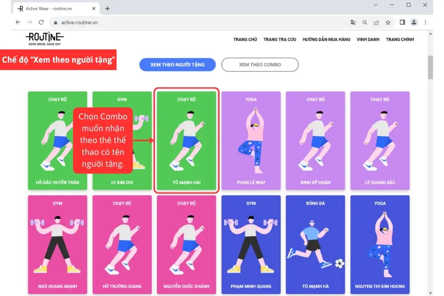Chế độ “Xem theo người tặng”: bạn sẽ thấy được tên người tặng combo theo dạng thẻ thể thao