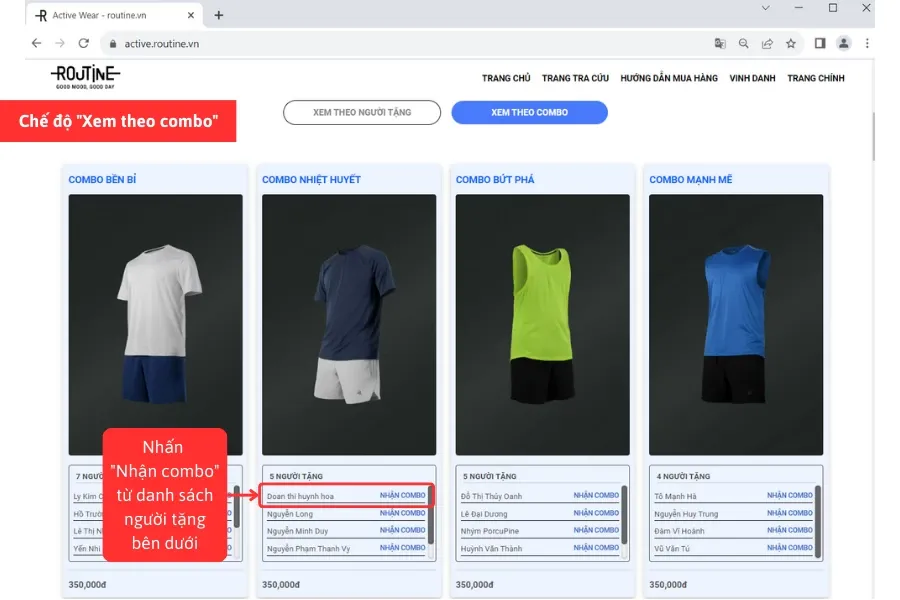 Chế độ “ Xem theo combo”: bạn sẽ thấy được danh sách 8 combo đã được đặt tên mang ý nghĩa riêng biệt