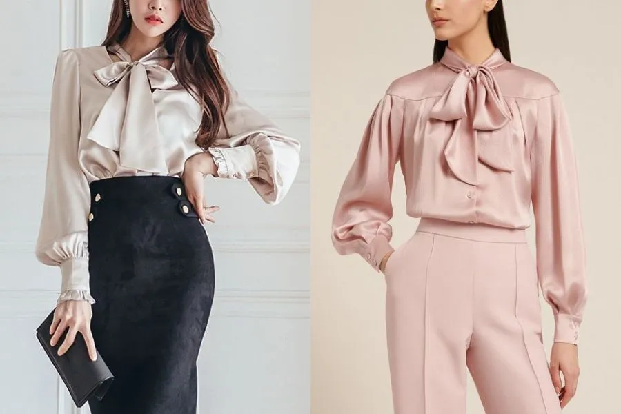 Áo sơ mi lụa nữ cổ nơ mang vẻ đẹp thanh lịch, đầy nữ tính.