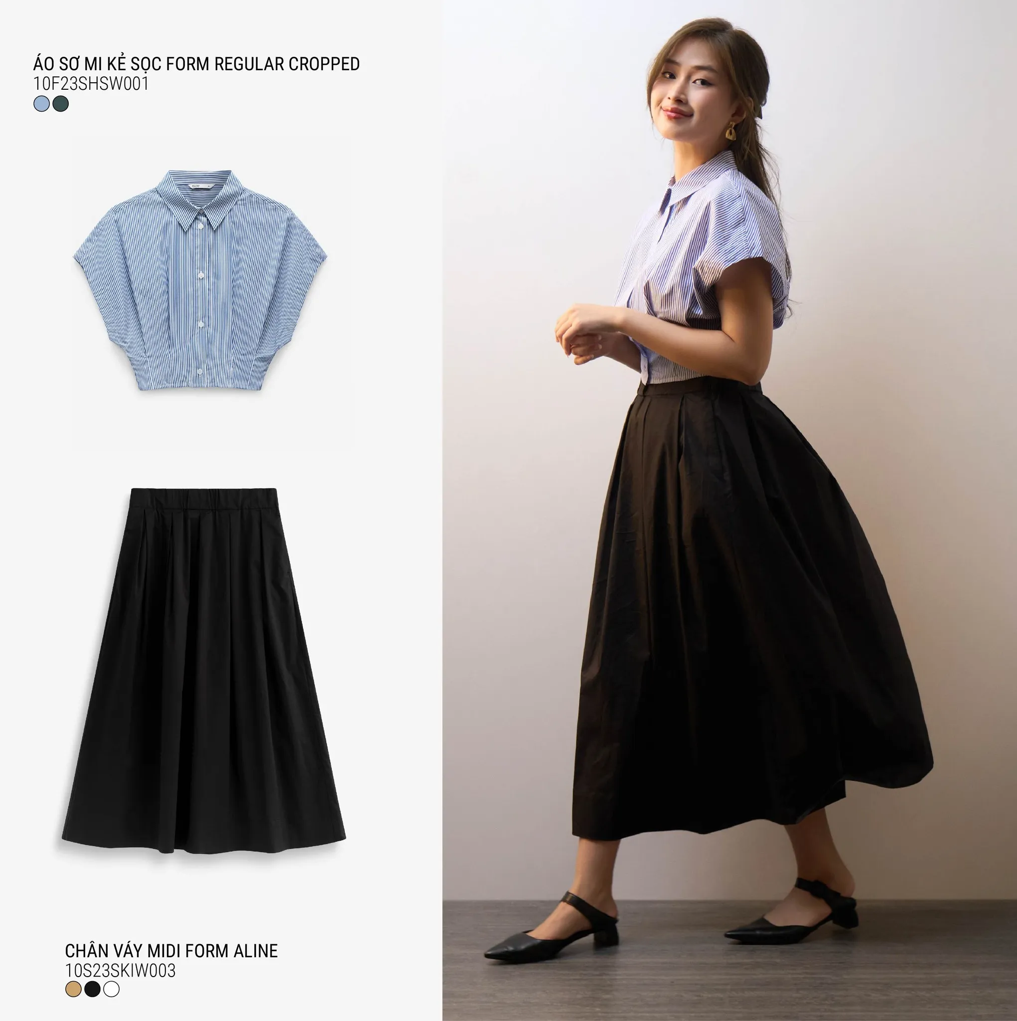 Combo chân váy midi của Routine phối cùng áo sơ mi công sở dịu dàng