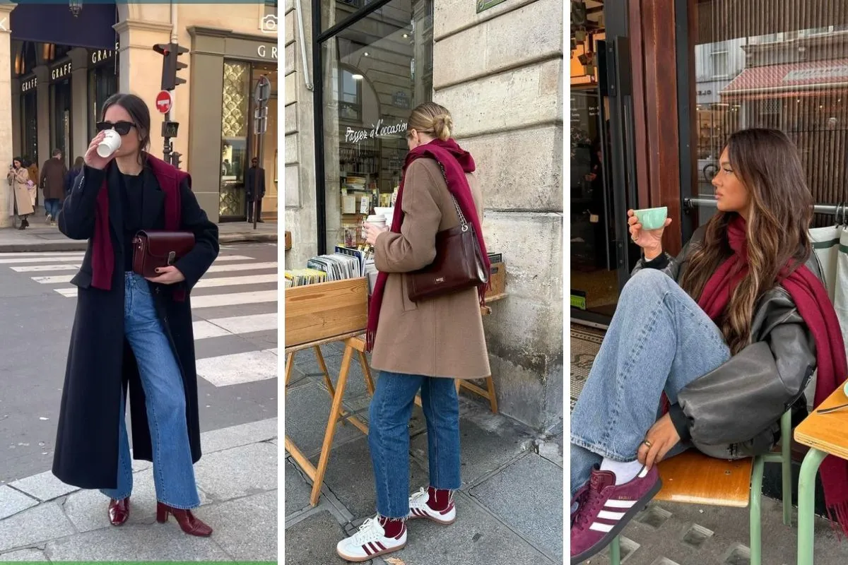 phối đồ màu burgundy với jeans