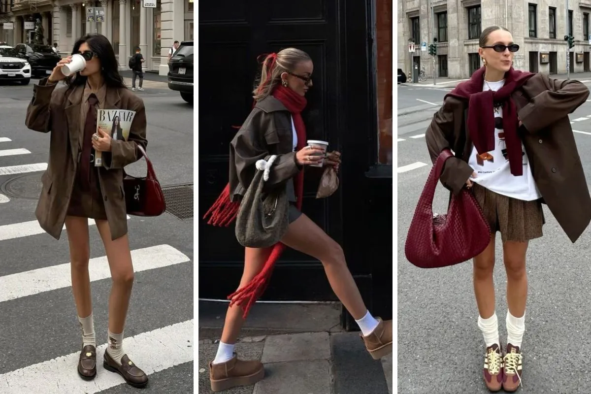 phối đồ màu burgundy với màu nâu