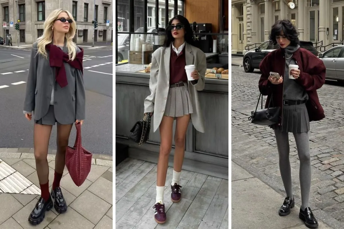 phối đồ màu burgundy với màu xám