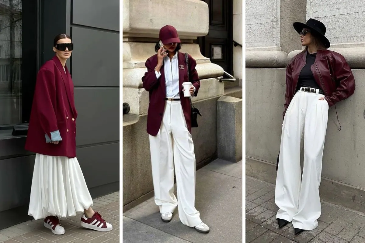 phối đồ màu burgundy với màu trắng