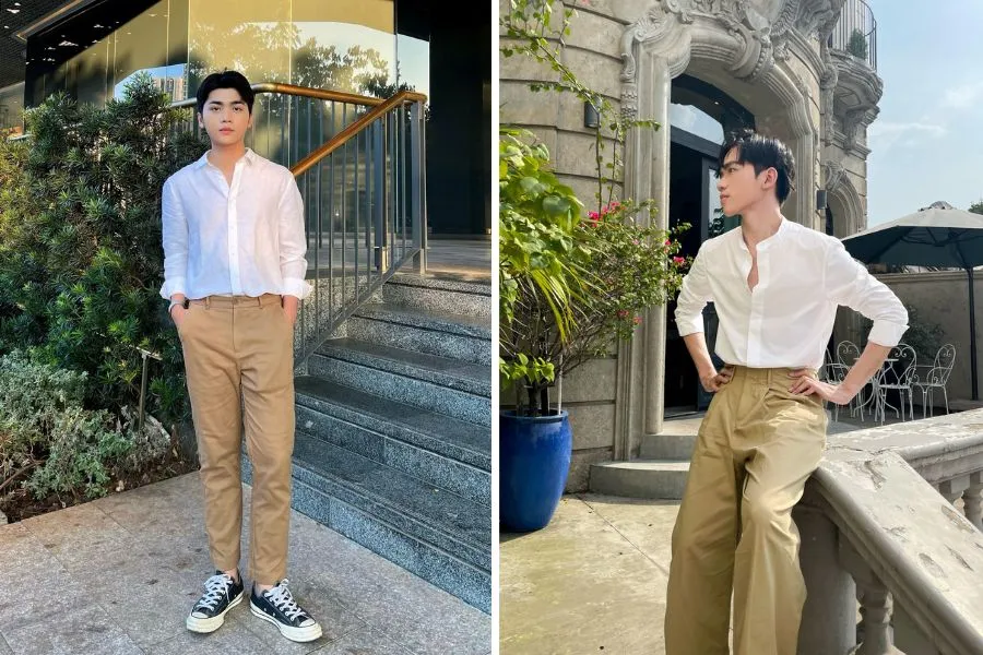 Combo áo sơ mi trắng cùng quần kaki là sự kết hợp hoàn hảo cho mọi chàng trai