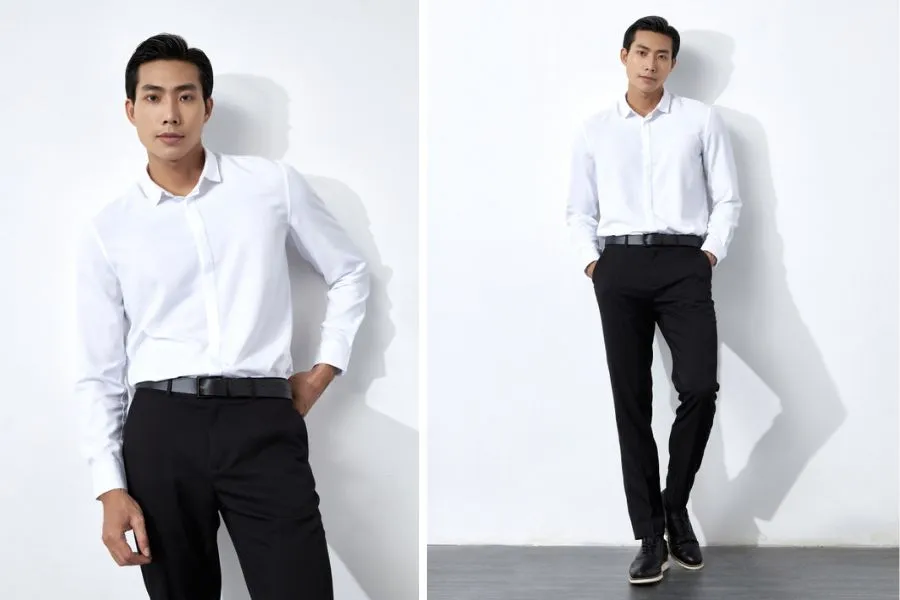 Áo sơ mi trắng kết hợp với quần tây màu đen đơn giản nhưng không kém phần lịch sự