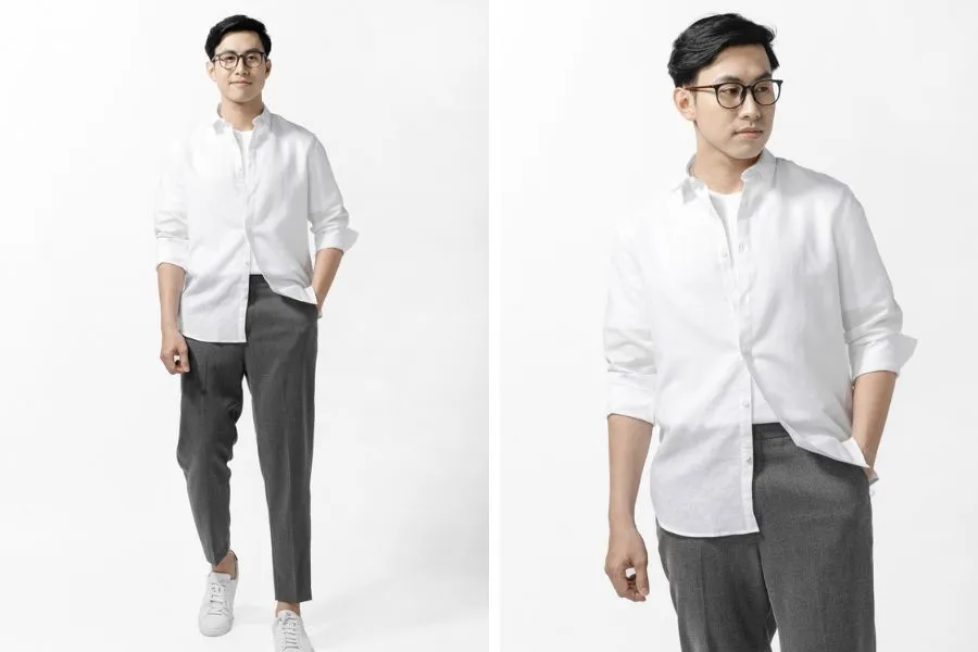 Quần xám nhạt mix với áo sơ mi trắng là lựa chọn của nhiều chàng trai