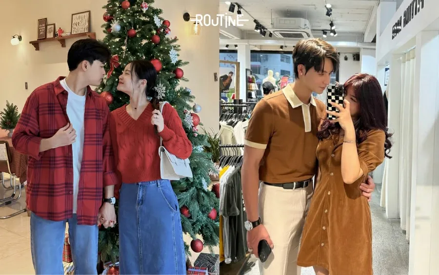 Phối đồ đôi đi chơi noel 2023 theo phong cách tone sour tone dành cho các cặp đôi.