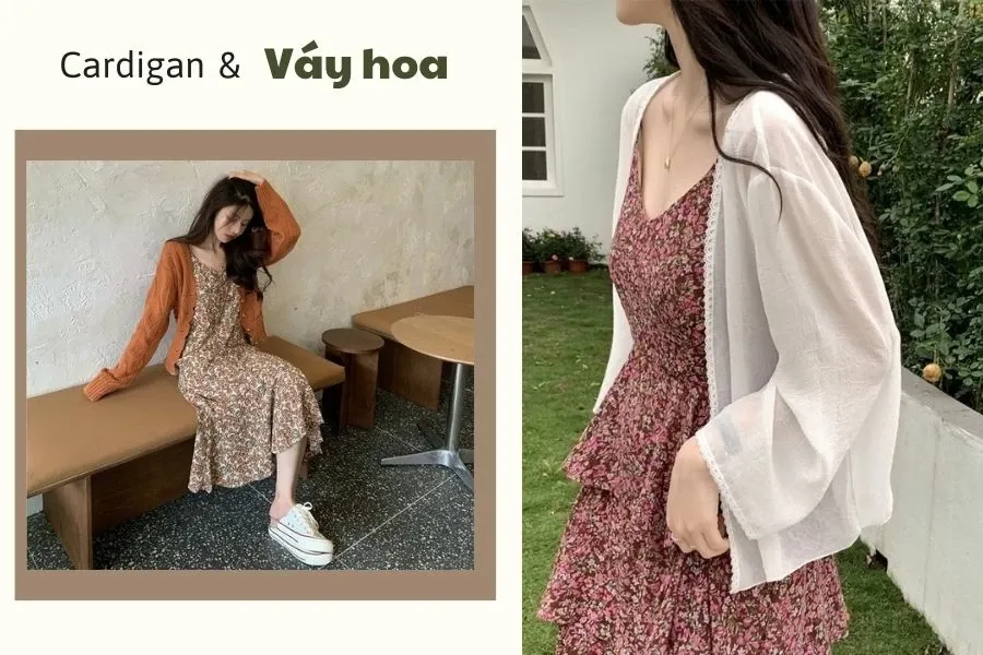 Nữ tính với cách phối đồ du lịch mùa thu nữ cùng áo cardigan và váy hoa