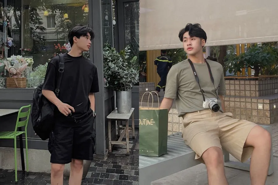 Áo phông nam và quần short ống rộng mình vẻ đẹp hiện đại, đơn giản nhưng sành điệu hơn trong những buổi đi chơi, dạo phố.