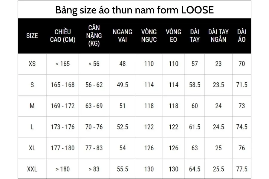 Bảng size áo phông nam form Loose