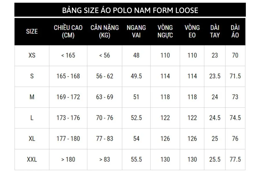 Bảng size áo polo nam form Loose của Routine