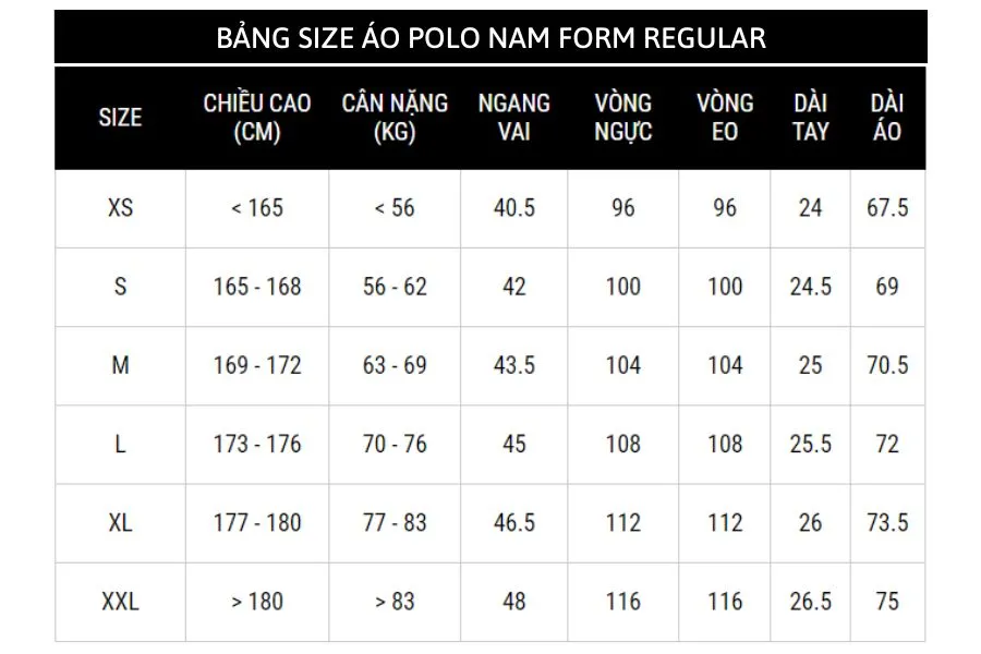 Bảng size áo polo nam form Regular từ thương hiệu Routine