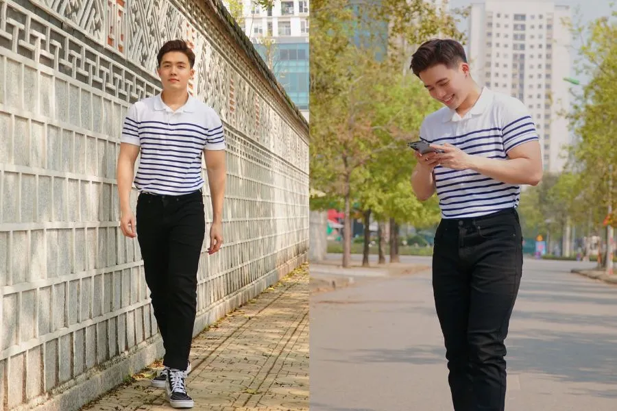 Áo polo đi cùng quần jean tạo outfit hài hòa, giúp cho các chàng trai có một vẻ ngoài cuốn hút hơn.