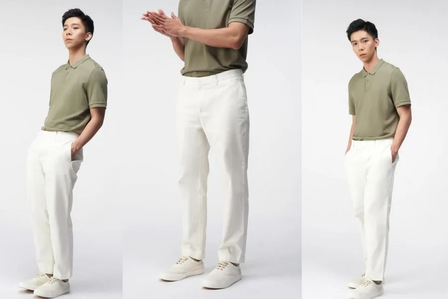 Áo polo cùng quần kaki là một trong những phối đồ tiêu biểu của mọi bạn nam