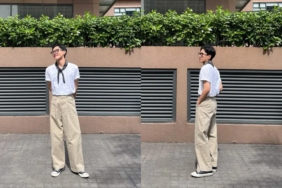 Áo thun trơn phối cùng quần kaki ống rộng là một outfit vừa tao nhã, vừa cool ngầu.