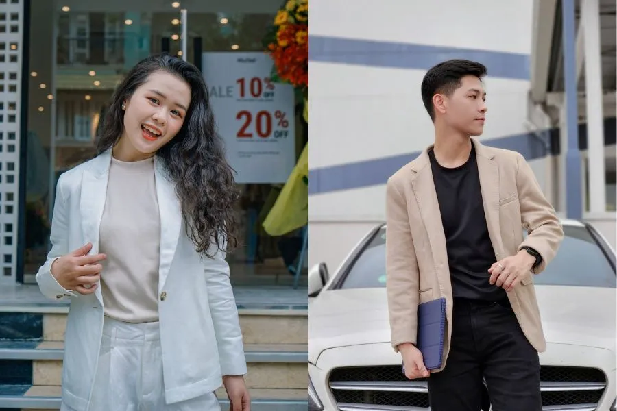 Khoác ngoài áo vest hoặc blazer là cách phối áo thun trơn phổ biến