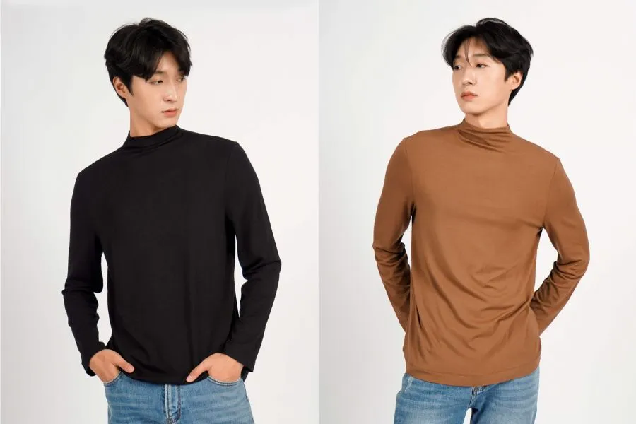 Chiếc áo thun trơn cao cổ mang đến phong cách thanh lịch, cool ngầu.