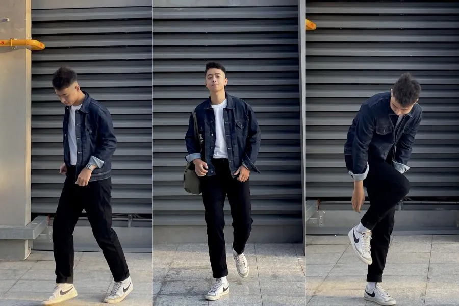 Outfit quần jean đen và áo khoác denim tạo nên một outfit mang đến sự cool ngầu, lịch lãm.