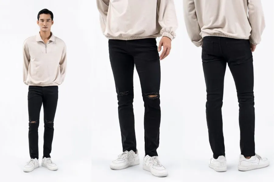 Outfit quần jean đen mix cùng chiếc áo sweater có cổ đầy mới lạ, phá cách tạo vẻ đẹp nổi bật.