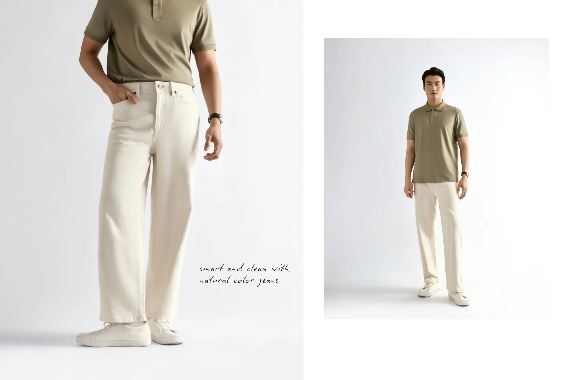 Phối quần jean ống đứng với áo polo tông màu xanh lá và trắng sữa hài hòa